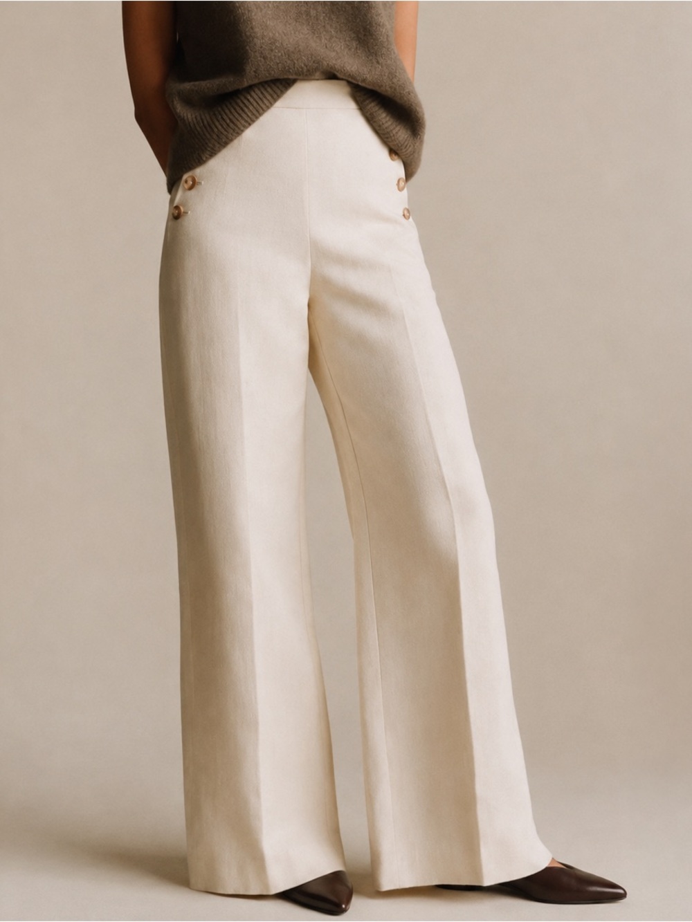 Sézane Marino Ecru Linen Cotton Sailor Wide Leg Pants Trousers 36